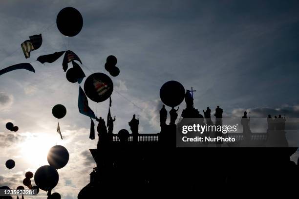 Baloons in the sky near San Giovanni Basilique during an anti-fascist parade. This rally, called by CGIL, CISL and UIL, the three main Italian Labour...