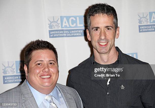 Chaz Bono and columnist Dan Savage attend ACLU of Southern California 17th annual law luncheon at Wilshire Grand Hotel on June 16, 2011 in Los...