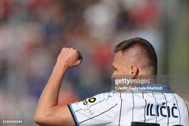 Josip Ilicic of Atalanta BC reacts during the Serie A match between Empoli FC and Atalanta BC at Stadio Carlo Castellani on October 17, 2021 in...