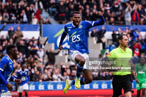 Habib Diallo of RC Strasbourg celebrates his goal during the Ligue 1 Uber Eats match between RC Strasbourg and AS Saint-Etienne at Stade de la Meinau...