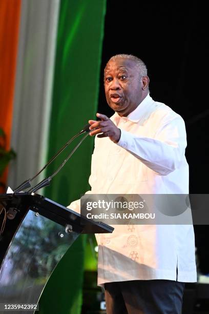 Former Ivorian President Laurent Gbagbo delivers his speech during the closure of the constituent congress of his new party Parti des Peuples...