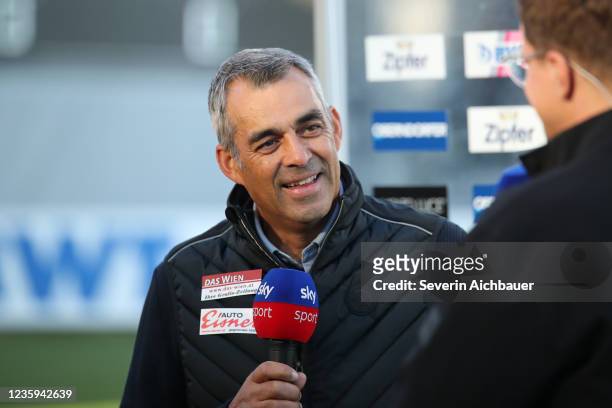 Head coach Robin Dutt of Wolfsberger speaks to Sky Sport during the Admiral Bundesliga match between LASK and Wolfsberger AC at Raiffeisen Arena on...