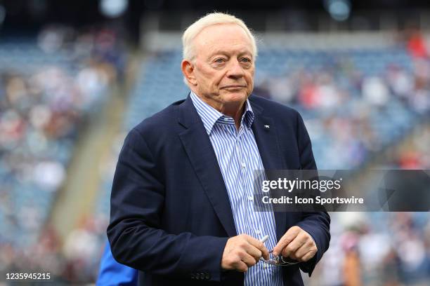 Dallas Cowboys owner Jerry Jones prior to the National Football League game between the New England Patriots and the Dallas Cowboys on October 17,...