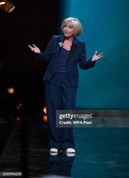 Emma Thompson on stage during the first Earthshot Prize awards ceremony at Alexandra Palace on October 17, 2021 in London, England.