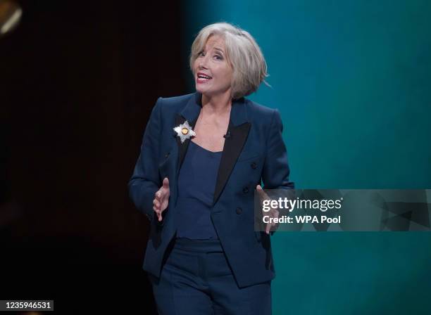 Emma Thompson on stage during the first Earthshot Prize awards ceremony at Alexandra Palace on October 17, 2021 in London, England.