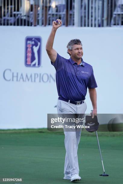 Lee Janzen celebrates winning a one-hole playoff with Miguel Angel Jimenez during the final round of the PGA TOUR Champions SAS Championship at...