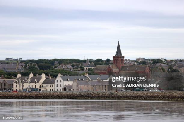 General view of the waterfront in Kirkwall on September 6, 2021. - In the far north of the United Kingdom, where the wind blows and the sea rages,...