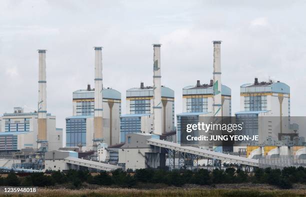 This picture taken on October 15, 2021 shows a general view of Taean Thermal Power Station in Taean. Asia-Pacific accounts for about three-quarters...