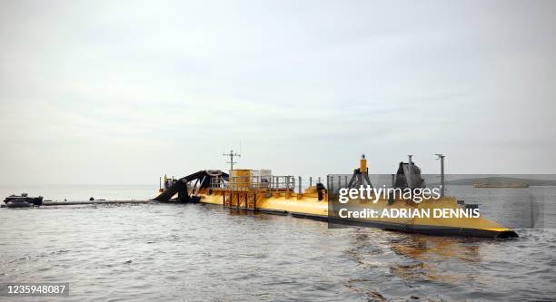 The O2 tidal turbine owned by Orbital Marine Power is seen in the channel close to Eday, Orkney Islands on September 6, 2021. - In the far north of...