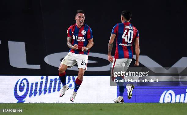 Nicolas Fernandez Mercau of San Lorenzo celebrates after scoring the first goal of his team during a match between River Plate and San Lorenzo as...