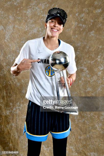 Candace Parker of the Chicago Sky poses for a portrait with the WNBA Championship Trophy after winning Game Four of the 2021 WNBA Finals on October...
