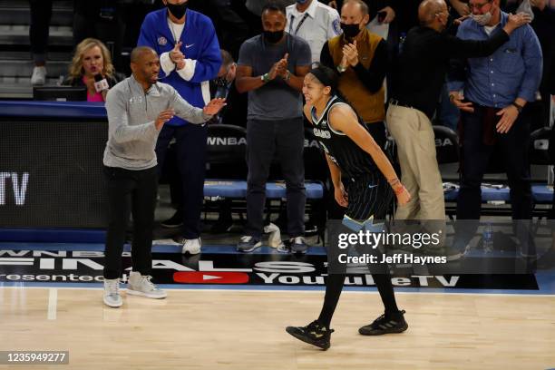 Candace Parker of the Chicago Sky reacts in the final seconds of Game Four of the 2021 WNBA Finals against the Phoenix Mercury on October 17, 2021 at...