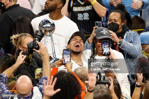 Artist, Chance the Rapper celebrates with the Chicago Sky after they won Game Four of the 2021 WNBA Finals against the Phoenix Mercury on October 17,...