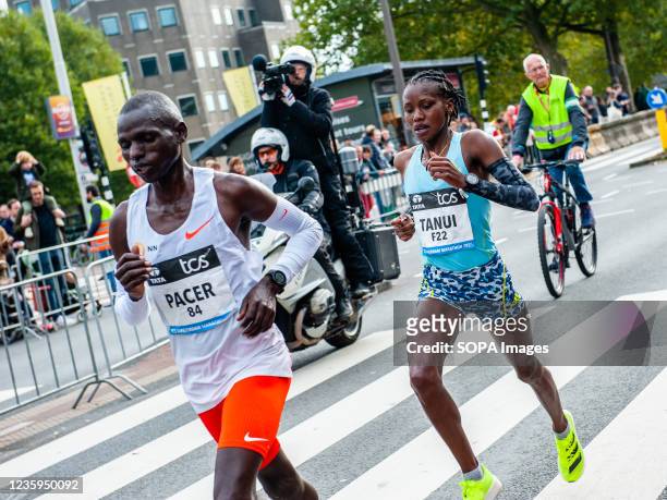 Kenyan Angela Tanui is seen during the marathon. Last year, the marathon was canceled due to the coronavirus, but with 31,000 registrations for the...