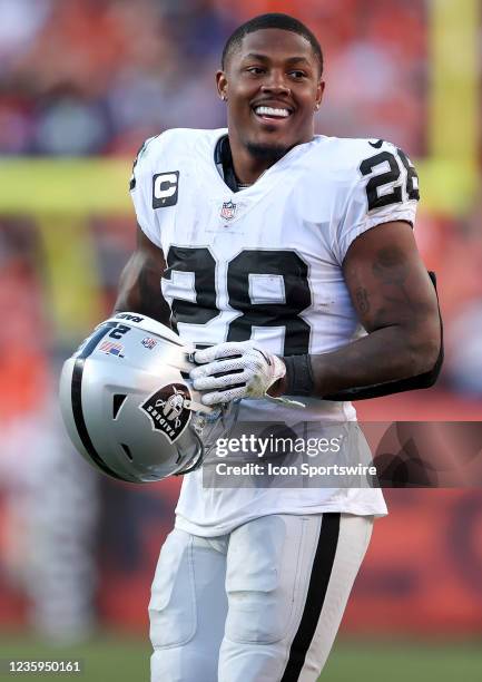 Las Vegas Raiders running back Josh Jacobs walks onto the field during a NFL game between the Las Vegas Raiders and the Denver Broncos on October 17,...