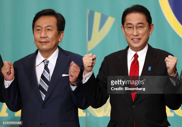 Yukio Edano, head of the Constitutional Democratic Party of Japan, left, and Fumio Kishida, Japan's prime minister and president of the Liberal...
