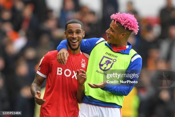 Max Lowe of Nottingham Forest and Lyle Taylor of Nottingham Forest celebrate victory during the Sky Bet Championship match between Nottingham Forest...