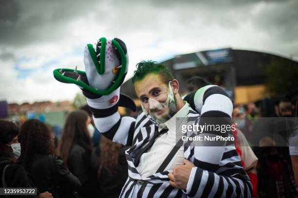 Cosplayer uses a costume of BeetleJuice during the fourth day of the SOFA 2021, a fair aimed to the geek audience in Colombia that mixes Cosplay,...