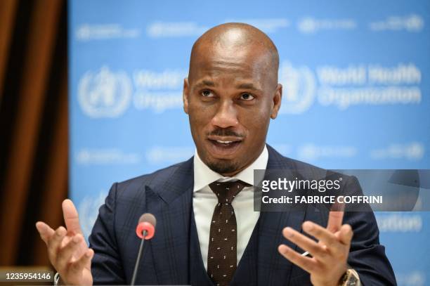 Football legend Didier Drogba delivers a speech after being appointed as the World Health Organization's Goodwill Ambassador for Sport and Health at...