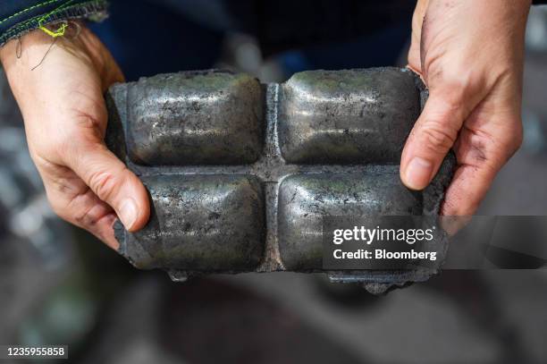 Fossil-free sponge iron bricket at Hybrit fossil-free steel plant in Lulea, Sweden, on Wednesday, Oct. 6, 2021. Sweden's SSAB AB, partnered with...