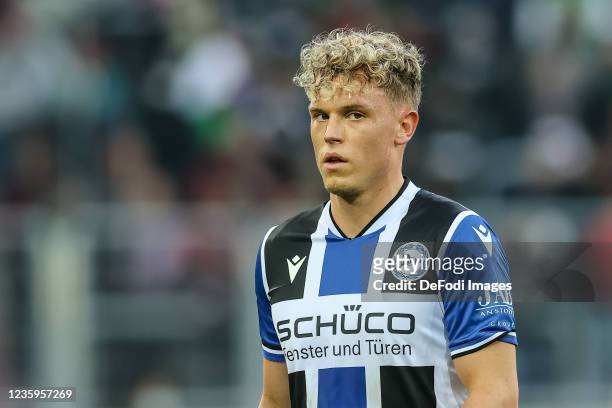 Robin Hack of Arminia Bielefeld looks on during the Bundesliga match between FC Augsburg and DSC Arminia Bielefeld at WWK-Arena on October 17, 2021...