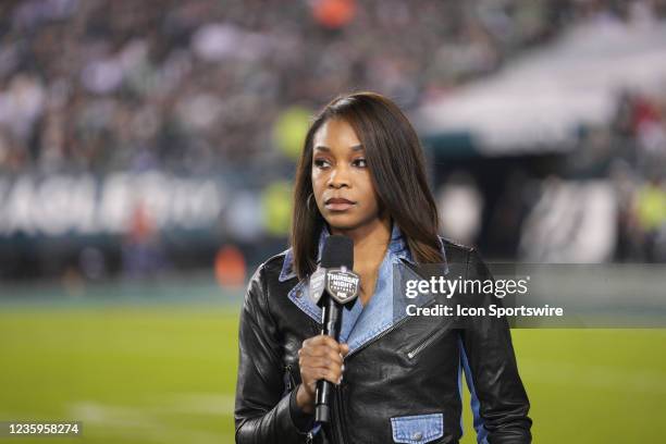 Fox Sports sideline reporter Kristina Pink looks on during the game between the Philadelphia Eagles and the Tampa Bay Buccaneers on October 14, 2021...