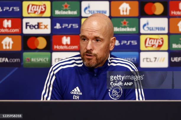 Erik ten Hag during the press conference ahead of the Champions League match against Borussia Dortmund at the Johan Cruijff ArenA on October 18, 2021...