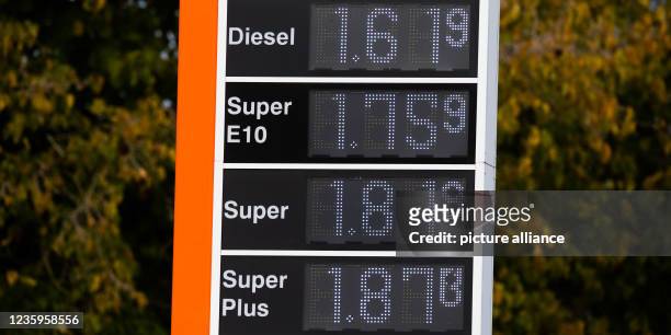 October 2021, Lower Saxony, Neustadt am Rübenberge: The price display at a filling station in the Hanover region shows a price of 1.619 for a litre...