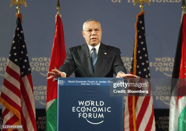 Colin Powell, U.S. Secretary of state, speaks during a news conference at the World Economic Forum in Southern Shuneh on the Dead Sea, Jordan, on...