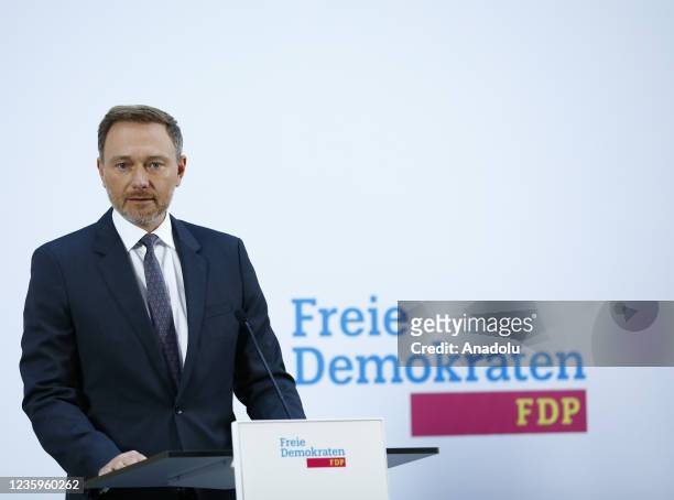 Leader of Free Democratic Party Christian Lindner speaks during a press conference as FDP board agreed to formally start coalition talks with the...