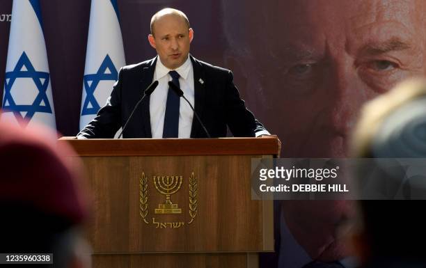 Israeli Prime Minister Naftali Bennett attends the state memorial ceremony for the late prime minister Yitzhak Rabin at the Mt. Herzl Cemetery in...