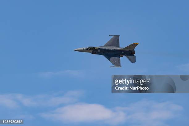 Air Force's F-16 performs during a press day for the 2021 Seoul International Aerospace and Defense Exhibition at the Seoul Military Airport in...