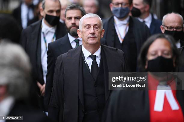 Speaker of the House of Commons Sir Lindsay Hoyle attends a memorial service for Sir David Amess at St Margaret's church on October 18, 2021 in...