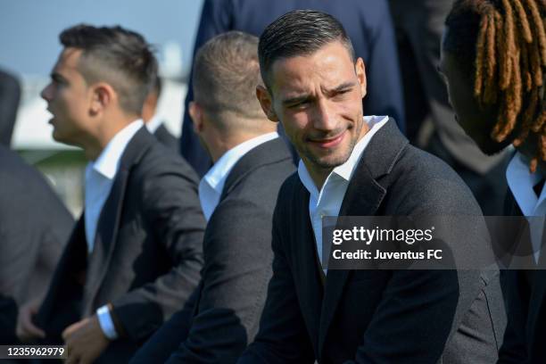 Mattia de Sciglio of Juventus and Moise Kean of Juventus during the Juventus official team photo at JTC on October 18, 2021 in Turin, Italy.