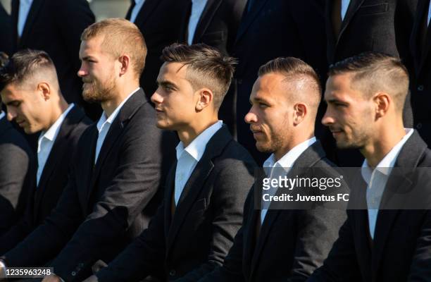 Matthijs de Ligt of Juventus, Paulo Dybala of Juventus and Arthur of Juventus and Mattia de Sciglio of Juventus during the Juventus official team...