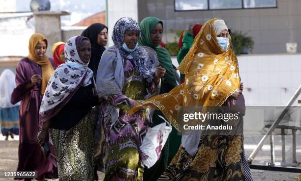 Ethiopian Muslims arrive at Anwar Mosque with their families to prayer of Mawlid al-Nabi in Addis Ababa, Ethiopia on October 18, 2021.