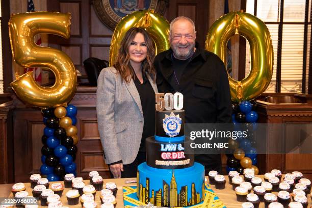 500th Episode Cake Cutting -- Pictured: Mariska Hargitay; Dick Wolf, Executive Producer --