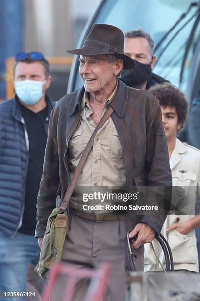 Harrison Ford is seen on the set of "Indiana Jones 5" in Sicily on October 18, 2021 in Castellammare del Golfo, Italy.