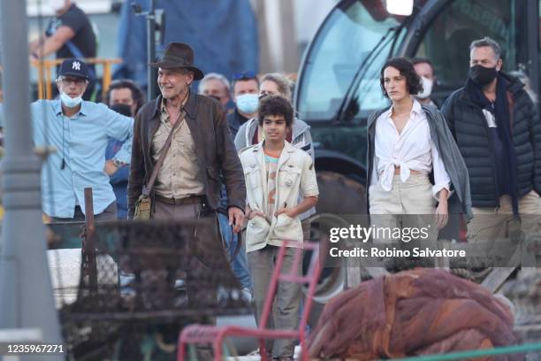 Harrison Ford, Phoebe Waller-Bridge are seen on the set of "Indiana Jones 5" in Sicily on October 18, 2021 in Castellammare del Golfo, Italy.