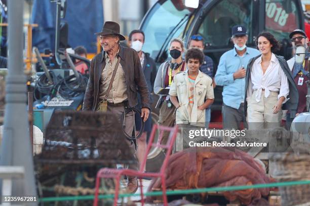 Harrison Ford, Phoebe Waller-Bridge are seen on the set of "Indiana Jones 5" in Sicily on October 18, 2021 in Castellammare del Golfo, Italy.