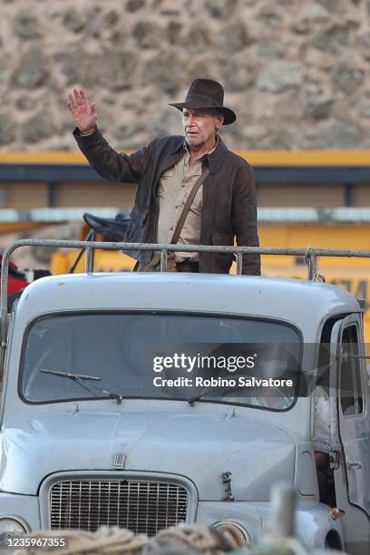 Harrison Ford is seen on the set of "Indiana Jones 5" in Sicily on October 18, 2021 in Castellammare del Golfo, Italy.