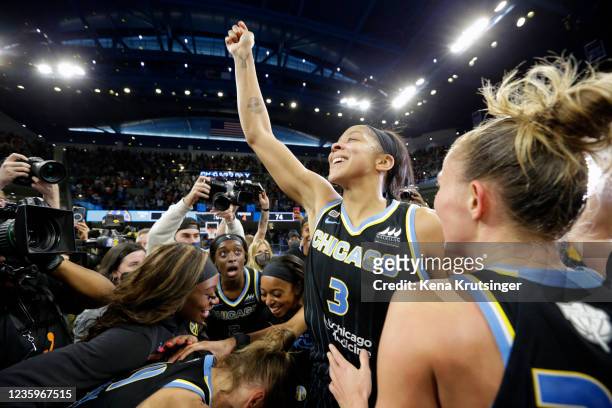 Candace Parker of the Chicago Sky celebrates with teammates after winning the WNBA Championship against the Phoenix Mercury during Game Four of the...