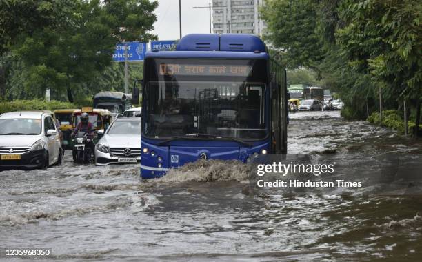 Heavy water logging after rain at ring Road on October 18, 2021 in New Delhi, India. According to data shared by the India Meteorological Department...