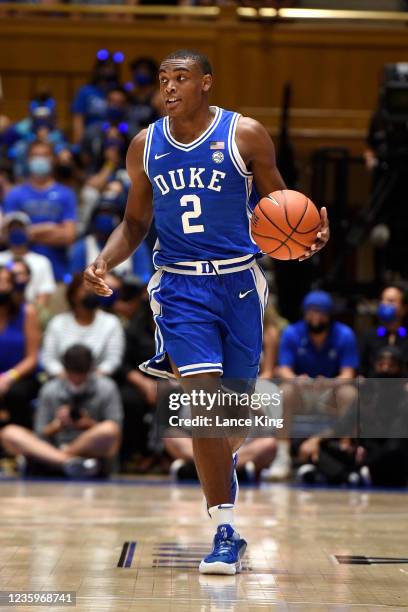 Jaylen Blakes of the Duke Blue Devils dribbles up court during Countdown To Craziness at Cameron Indoor Stadium on October 15, 2021 in Durham, North...