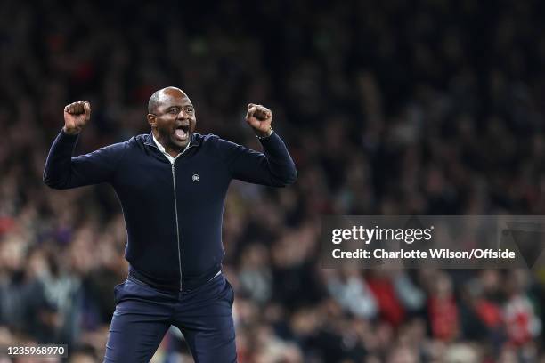 Palace manager Patrick Vieira celebrates their 2nd goal during the Premier League match between Arsenal and Crystal Palace at Emirates Stadium on...