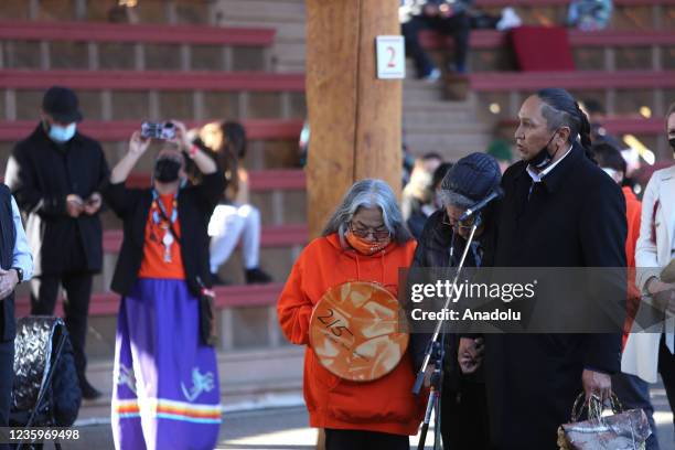 Residential school survivors speaks to Canadian Prime Minister Justin Trudeau during his visit to Tk'emlups the Secwepemc First Nation in Kamloops,...