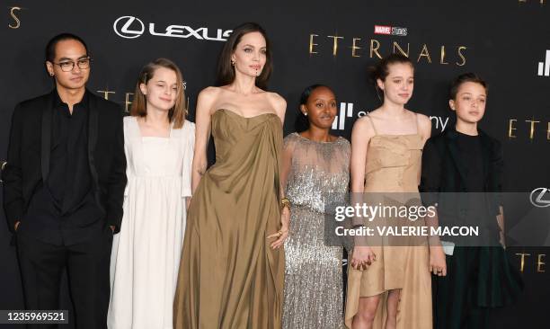 Actress Angelina Jolie and her children Maddox, Vivienne, Zahara, Shiloh and Knox arrive for the world premiere of Marvel Studios' "Eternals" at the...