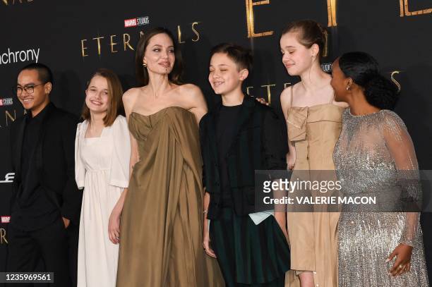 Actress Angelina Jolie and her children Maddox, Vivienne, Knox, Shiloh and Zahara arrive for the world premiere of Marvel Studios' "Eternals" at the...
