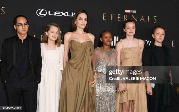 Actress Angelina Jolie and her children Maddox, Vivienne, Zahara, Shiloh and Knox arrive for the world premiere of Marvel Studios' "Eternals" at the...