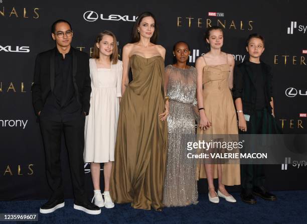 Actress Angelina Jolie and her children Maddox, Vivienne, Zahara, Shiloh and Knox arrive for the world premiere of Marvel Studios' "Eternals" at the...